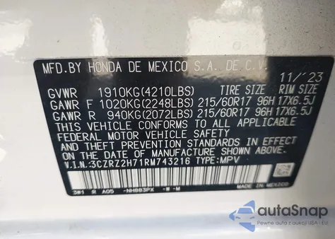 2024 Honda Hr-V Awd Ex-L/Awd Ex-L W/O Bsi from USA, damaged, VIN 3CZRZ2H71RM743216